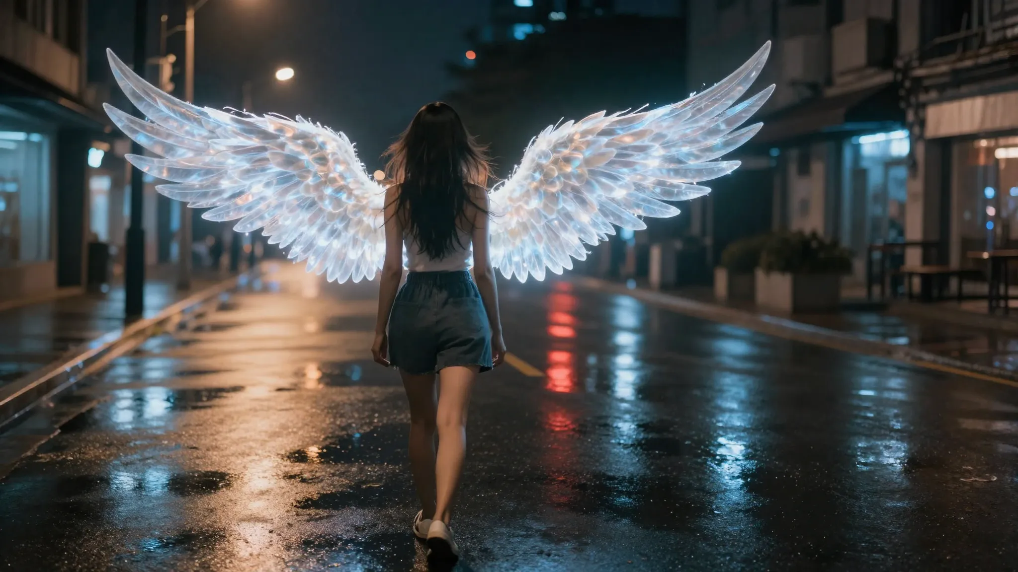 A woman standing in the middle of a wet asphalt street at ni...