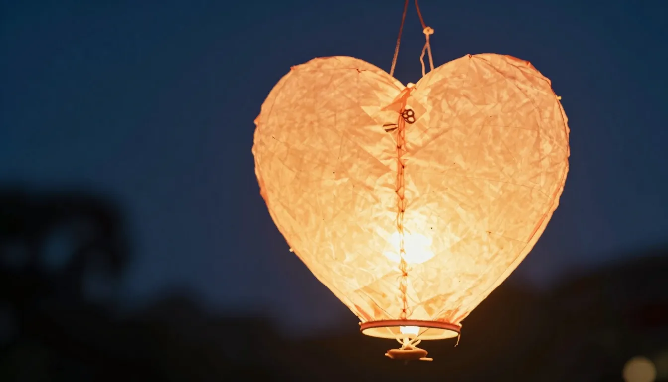 Close-up of a glowing heart-shaped lantern floating in the n...