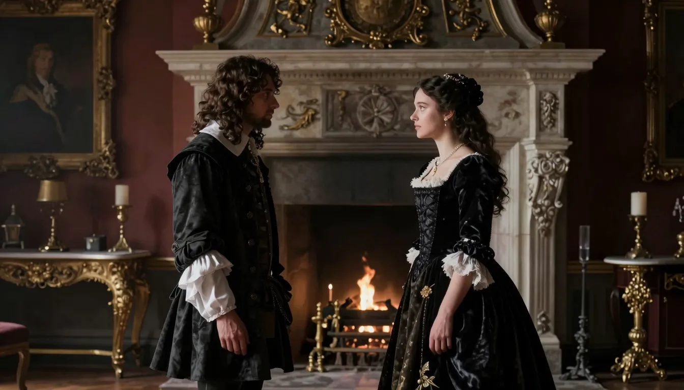 A tense 17th-century interior of a French castle. A beautifu...