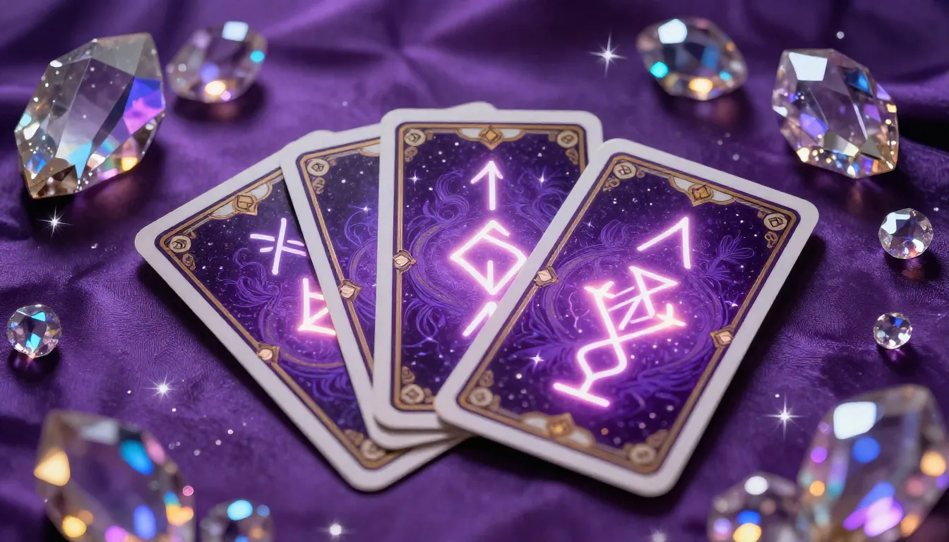Exotic tarot cards with glowing neon runes on purple silk, s...