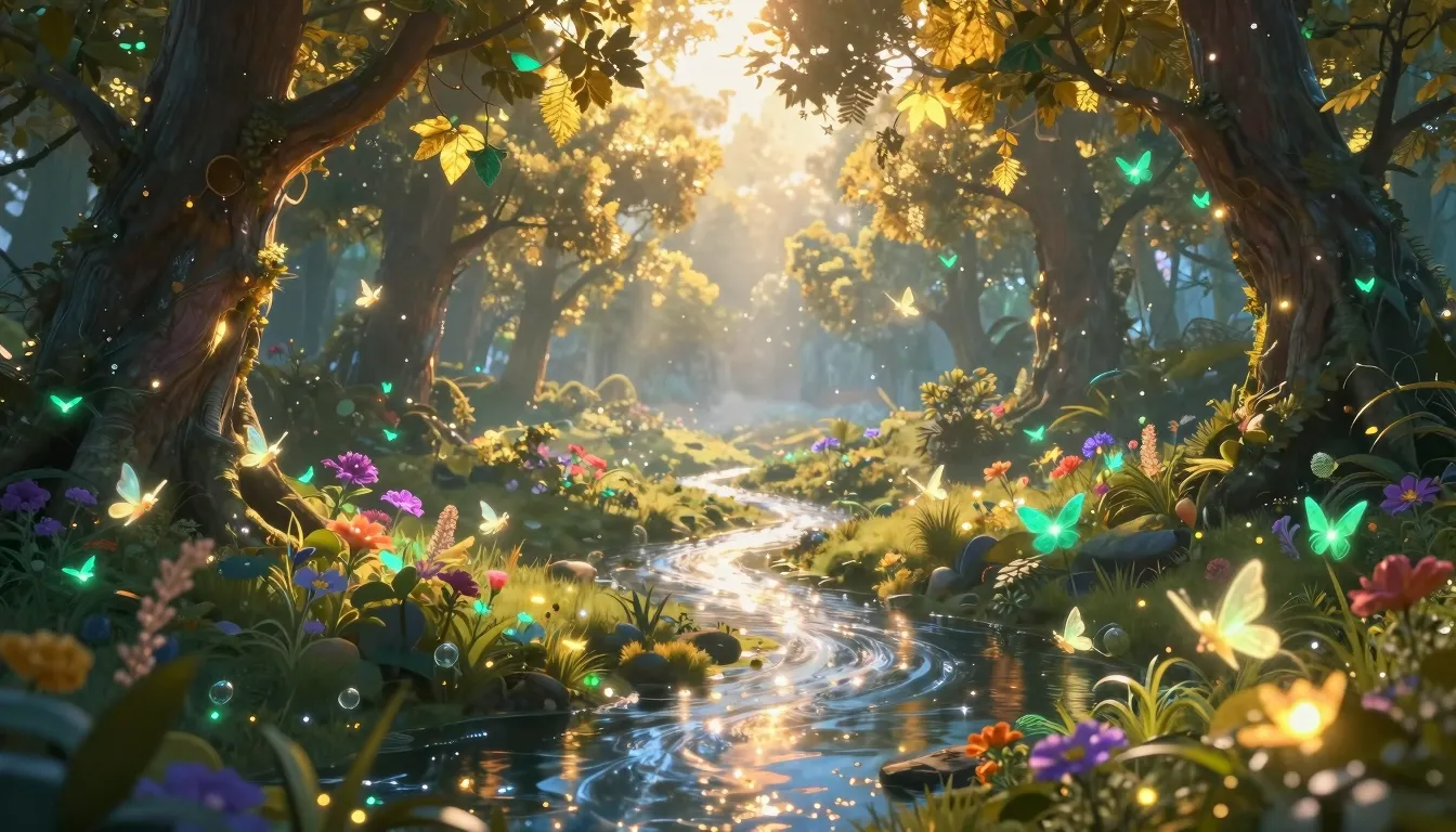 A magical fantasy valley at dawn, vibrant glowing flora, a r...