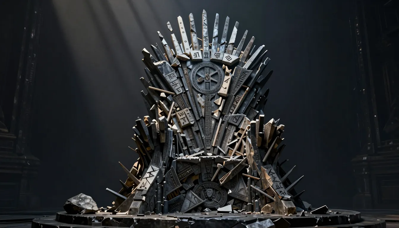 A crumbling dark throne made of stone fragments and ancient ...