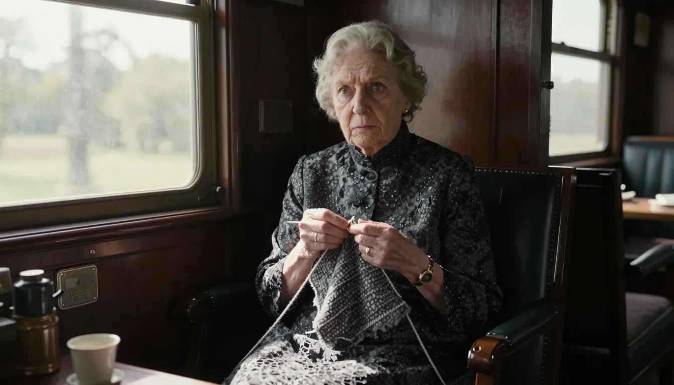 A stern elderly woman with a rigid posture sitting in a 1930...