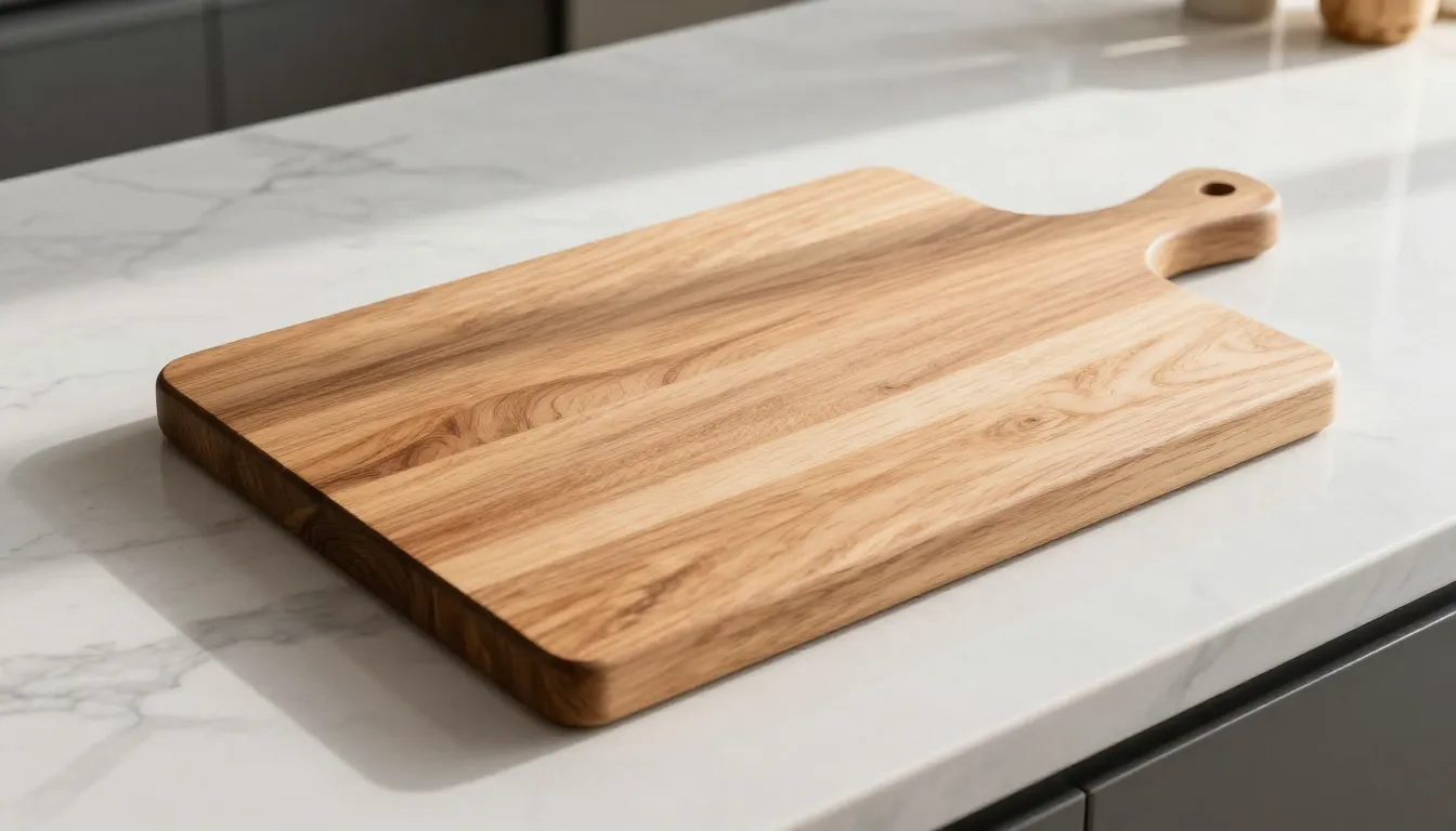 A professional lifestyle photograph of a solid oak cutting b...