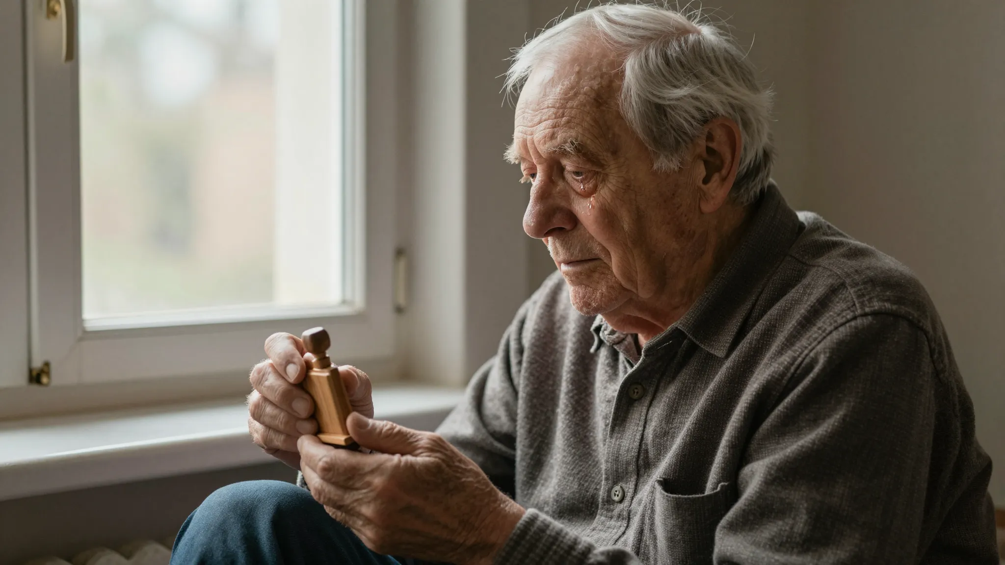 A realistic emotional scene of an old man sitting by a windo...