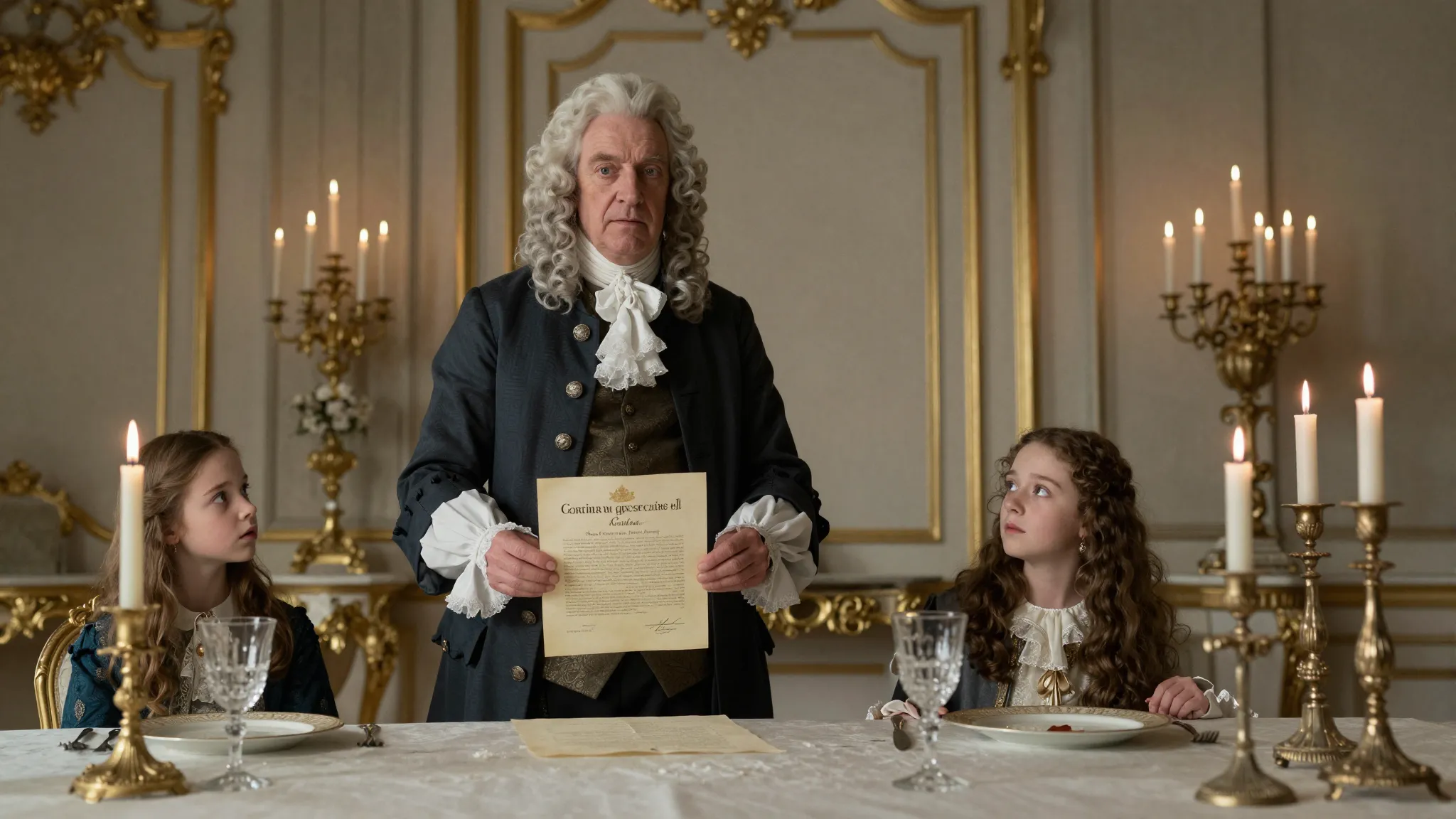 An elderly French Baron in 1660 aristocratic attire standing...