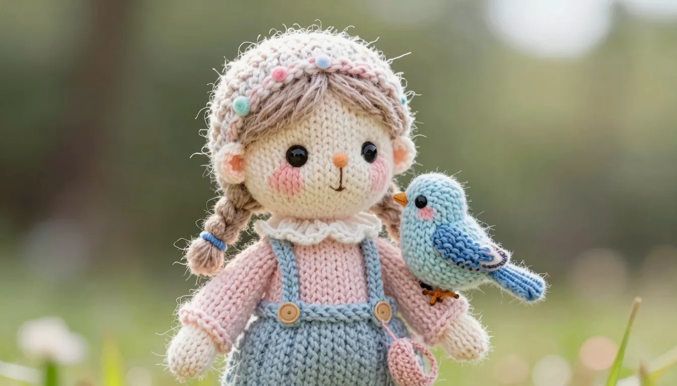 A high-quality professional photo of a handmade knitted doll...
