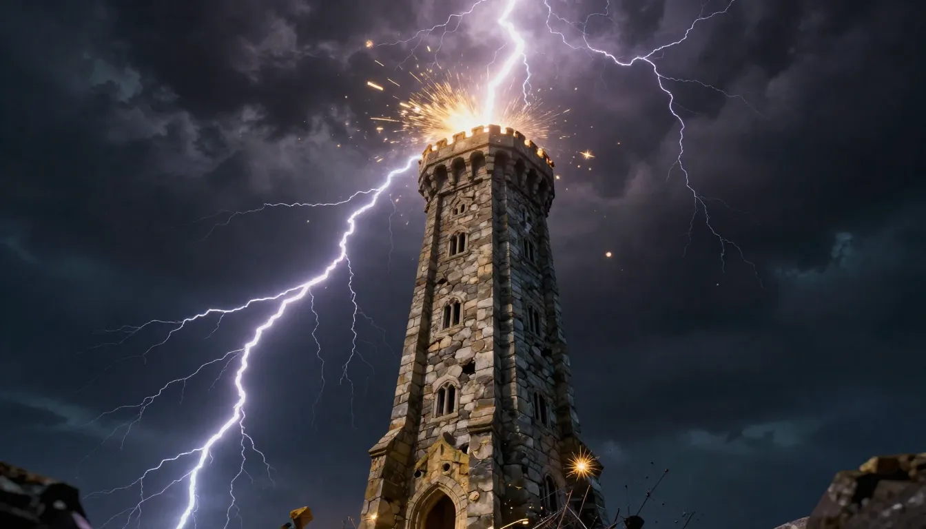 The Tower tarot card, a tall stone tower struck by lightning...