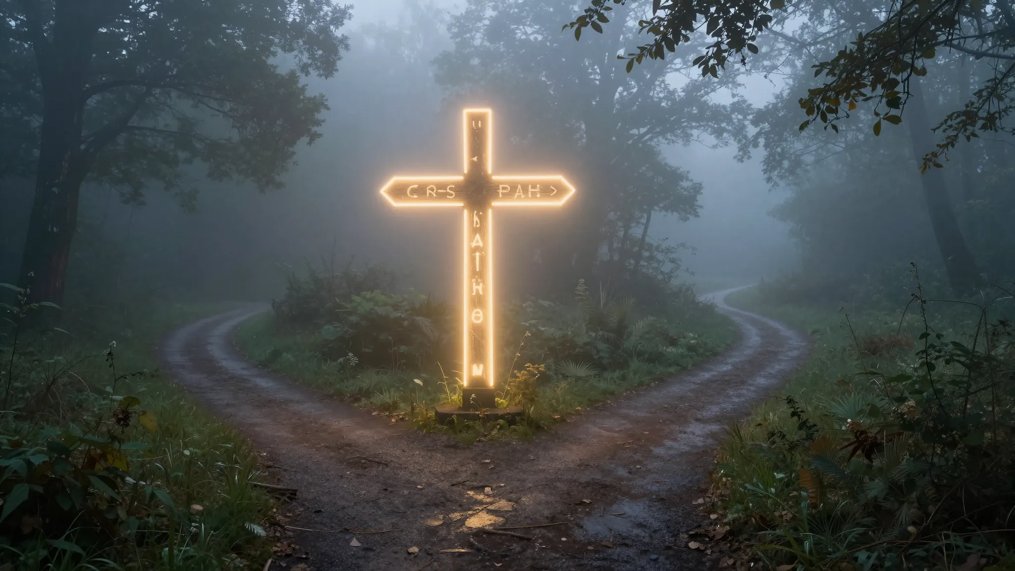 A mystical crossroads in a misty forest at dawn, two distinc...
