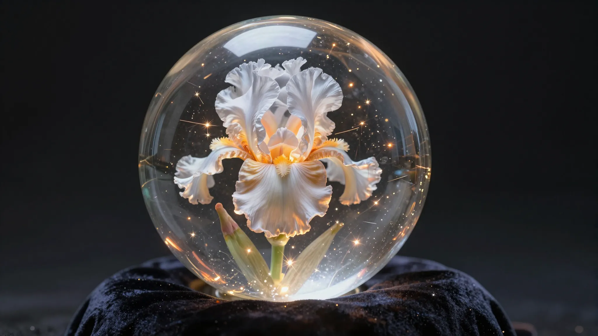 A magical crystal ball on a dark velvet cushion, inside the ...