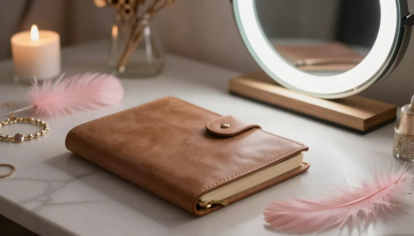 A cozy workspace with a leather diary and a glowing mirror w...