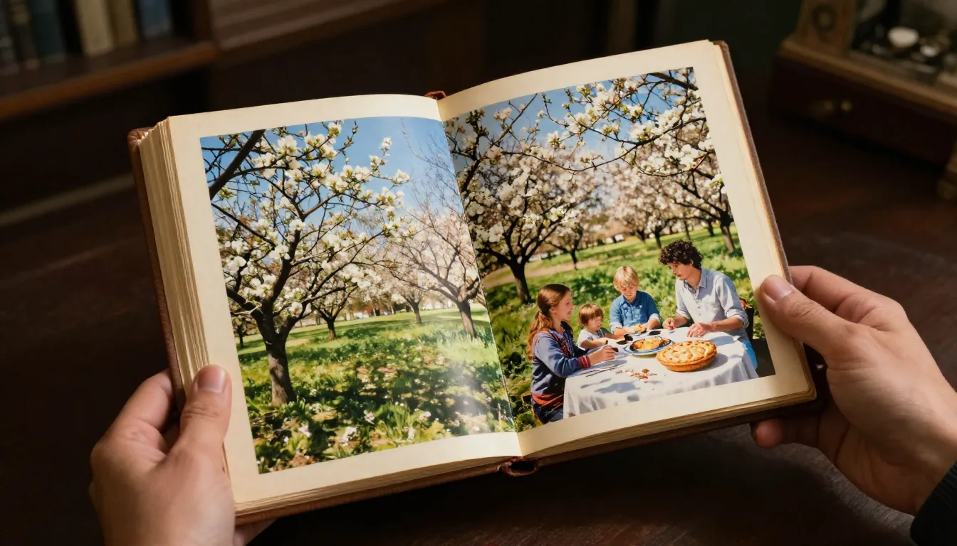 An open antique photo album held by hands in a dimly lit roo...