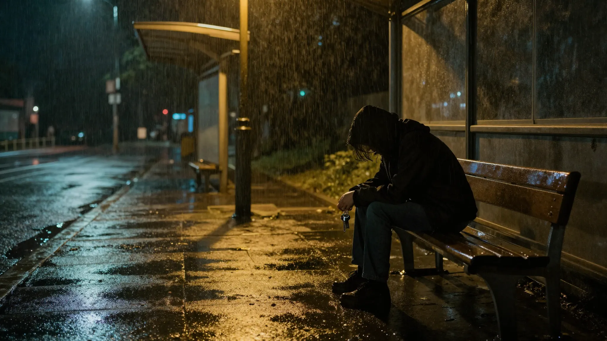A cinematic shot of a lonely person sitting on a bench at a ...