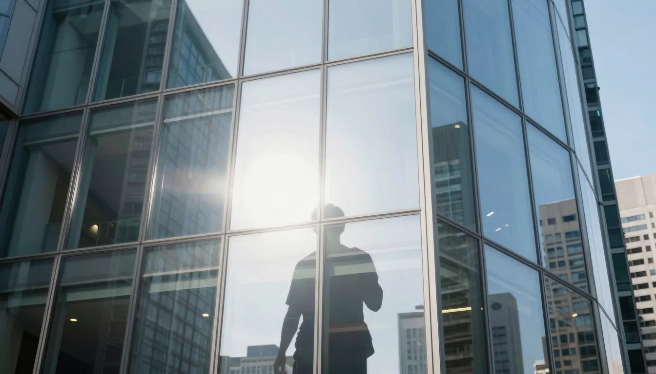 A close-up realistic shot of a glass facade of a modern buil...