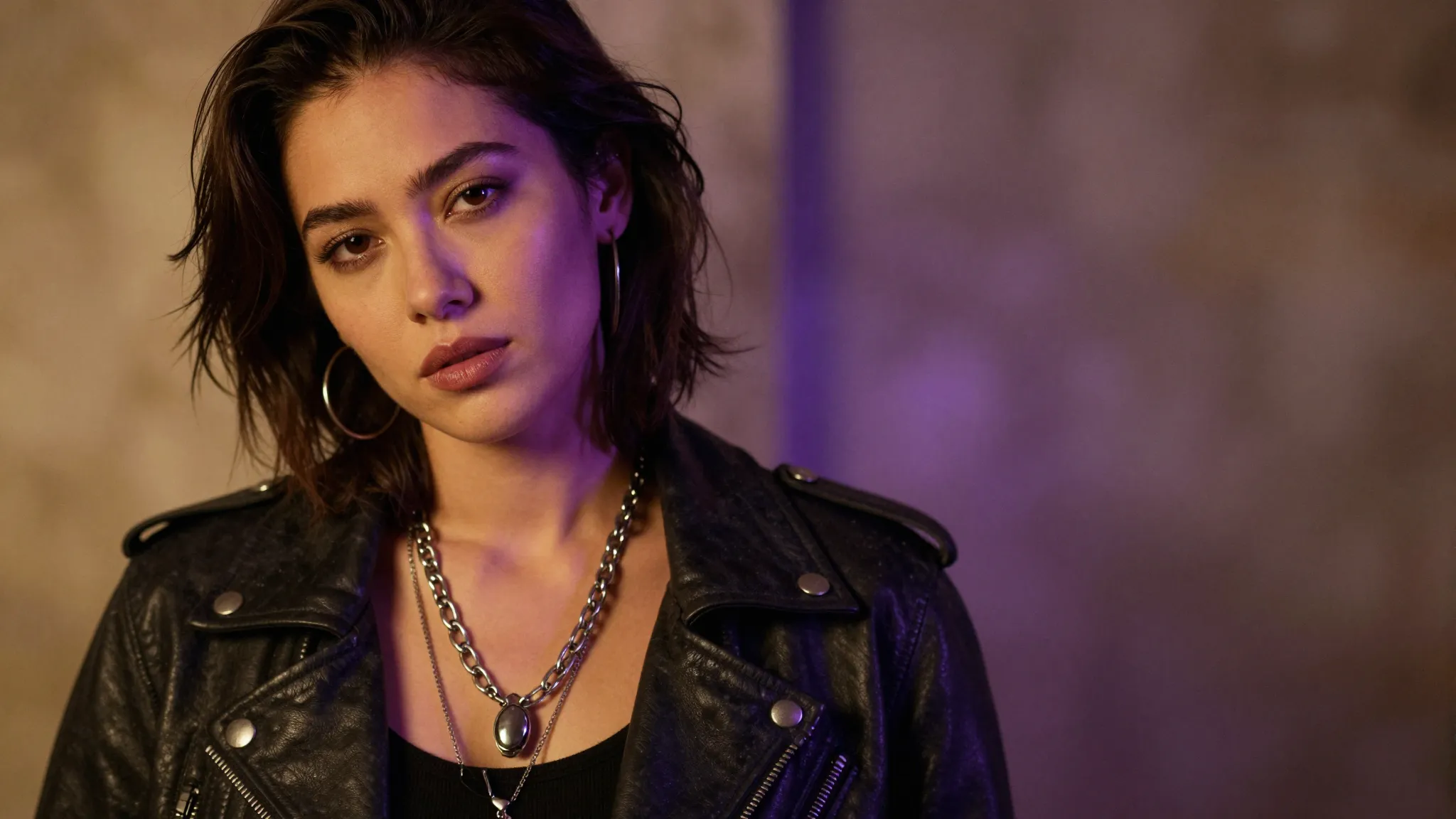 Portrait of a woman in a leather jacket and silver jewelry, ...