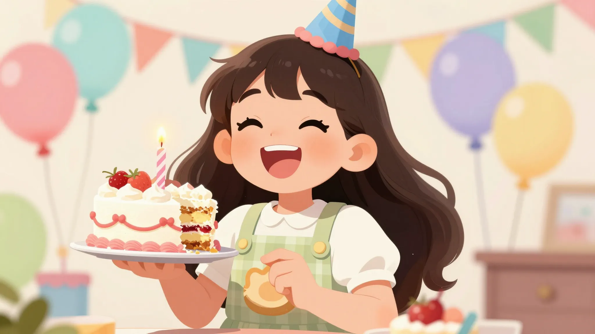 A cheerful girl named Gulzat holding a half-eaten birthday c...