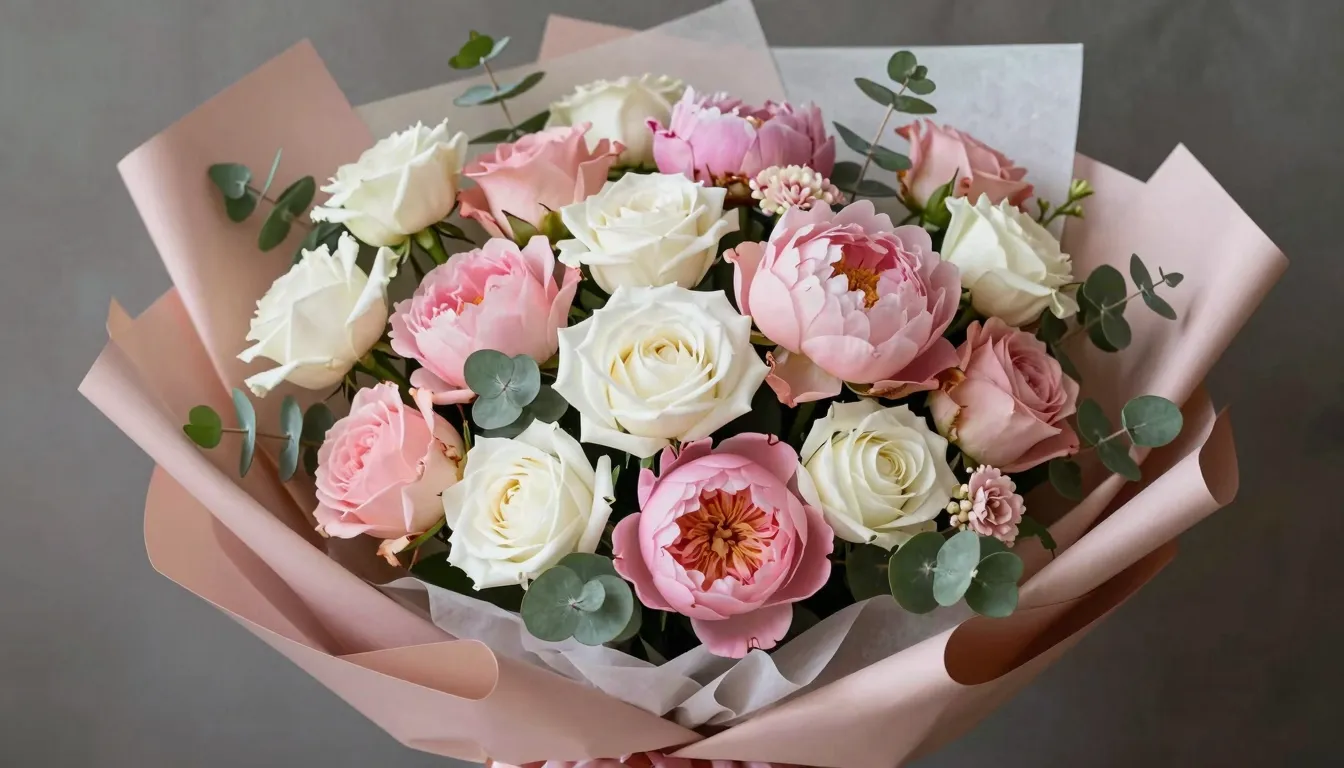 A magnificent and large bouquet of fresh flowers featuring p...