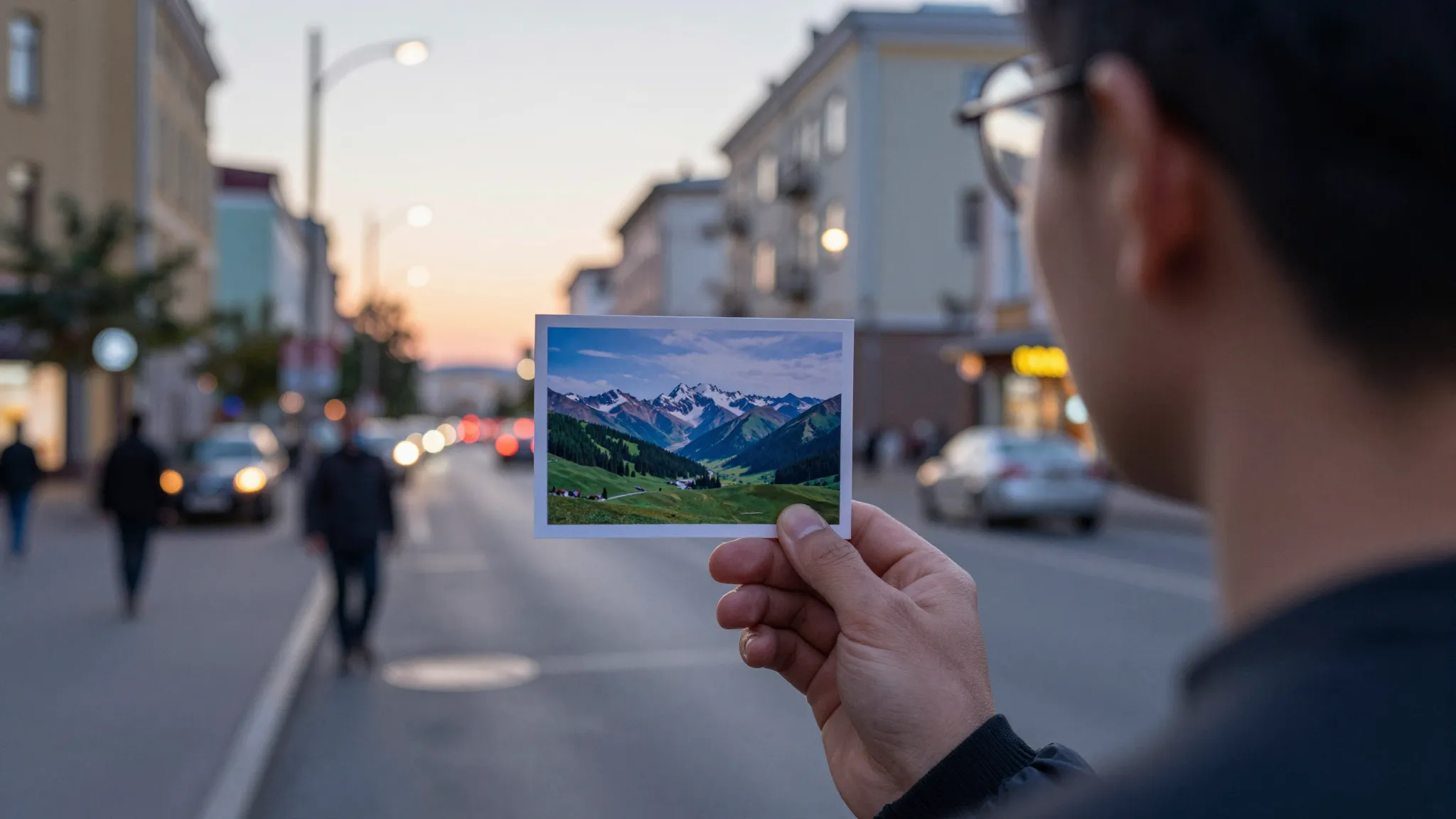 A person standing on a busy Moscow street at twilight, looki...
