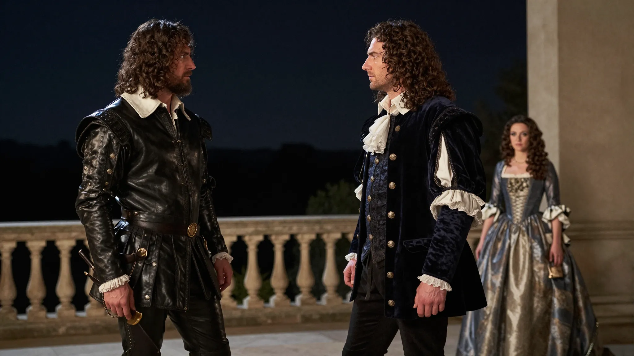 Two tall, muscular 16th-century French noblemen in a tense c...