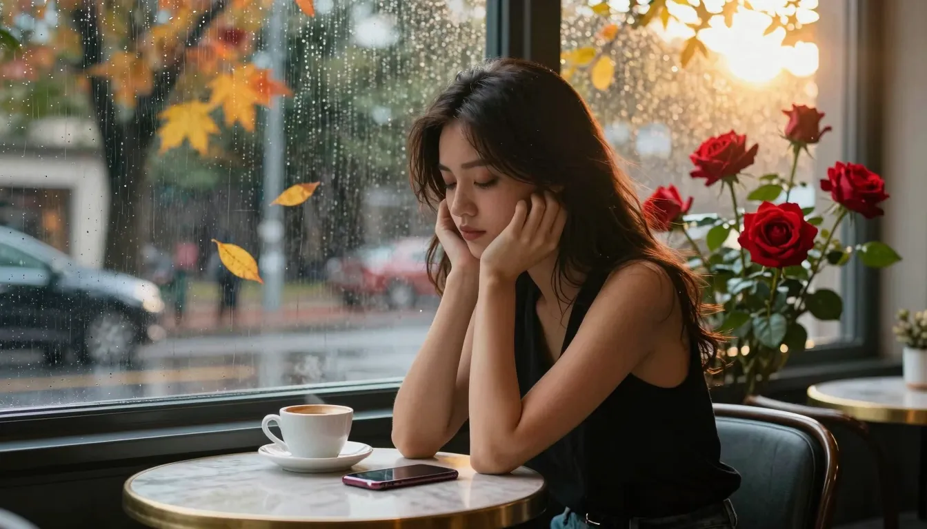 Surreal digital art of a woman in a cafe. A cup of coffee an...