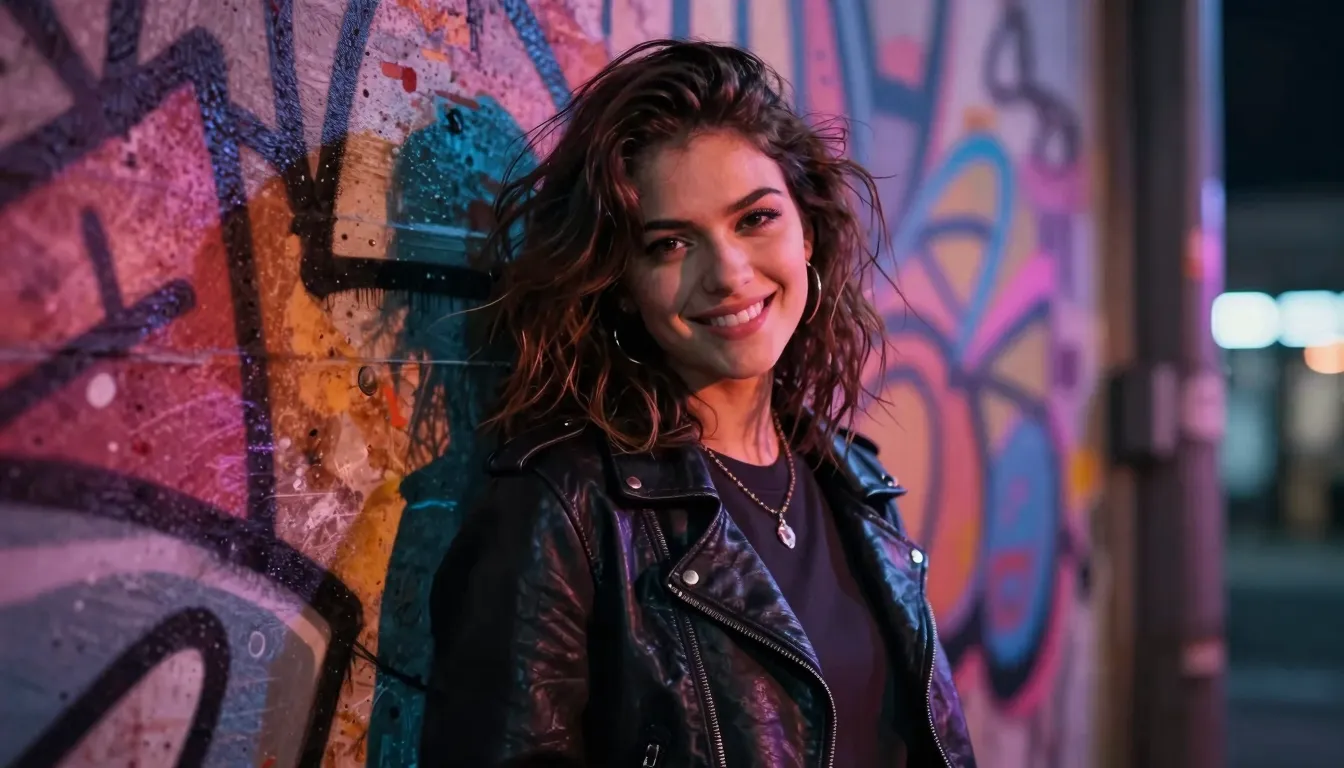 A rebellious girl with messy hair and a leather jacket, smir...