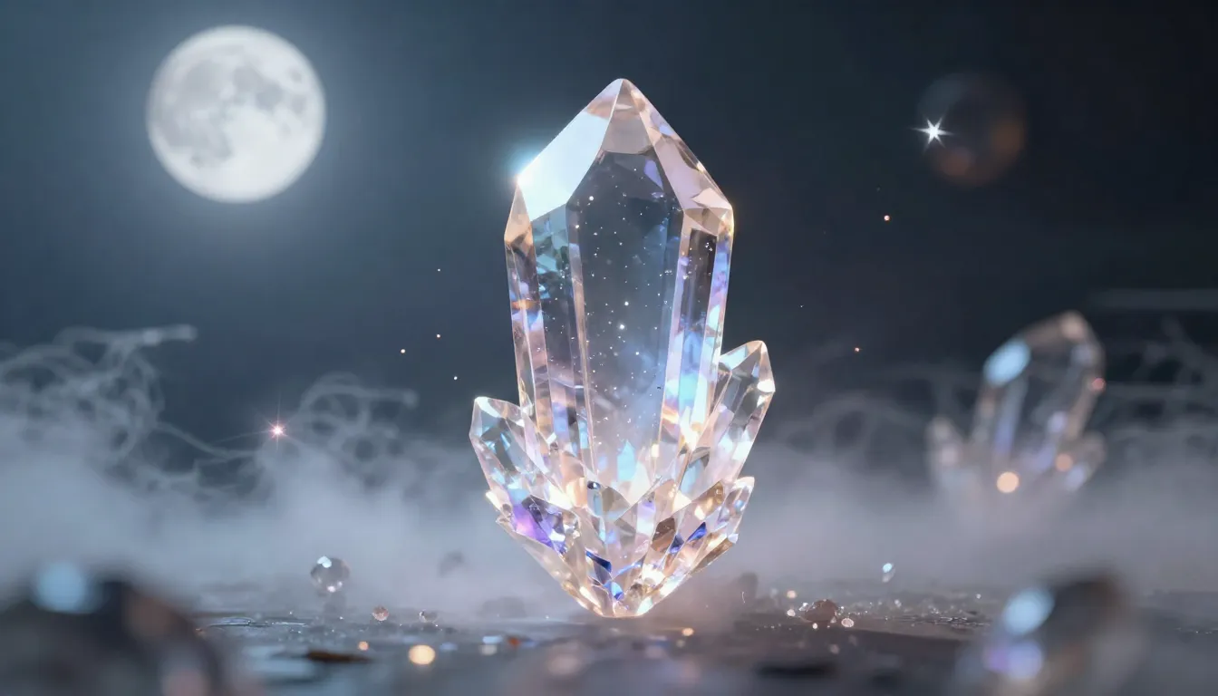 A glowing 3D model of a crystal floating in a digital space,...