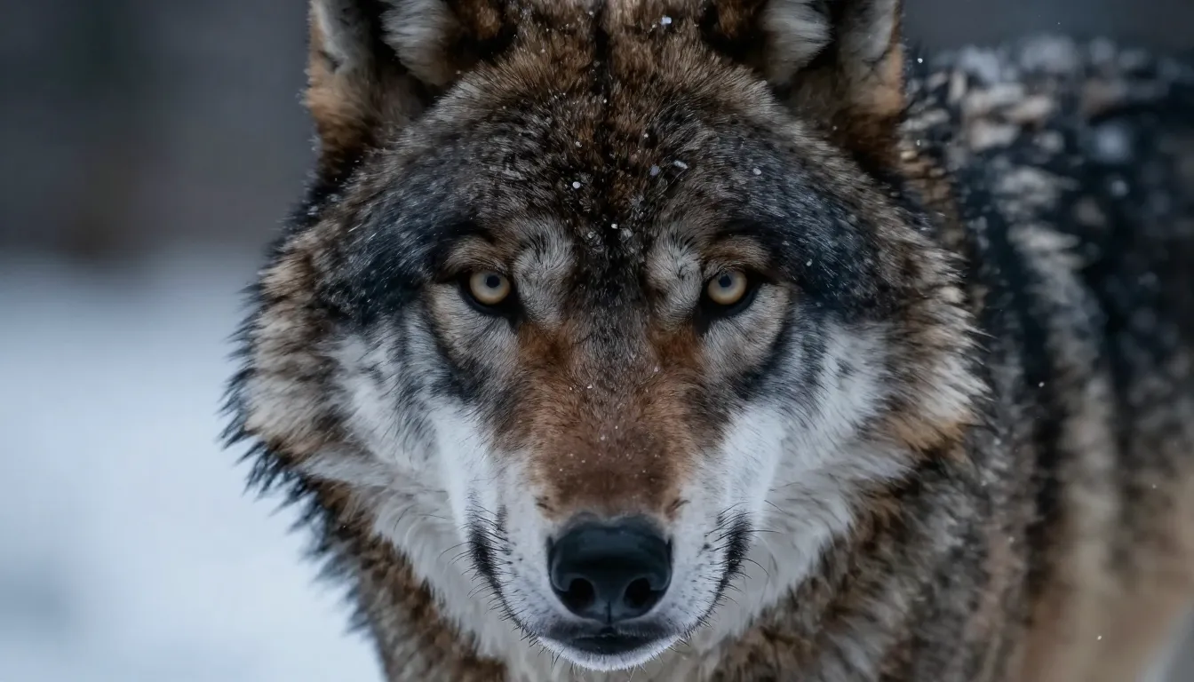 Close-up of a wolf's face with intense glowing eyes, dark sh...