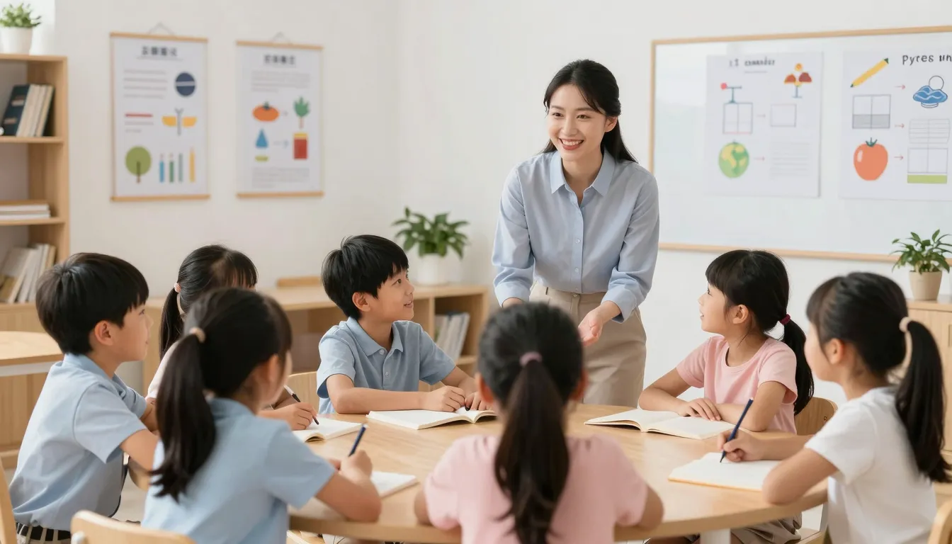 A friendly female teacher smiling and teaching a small group...