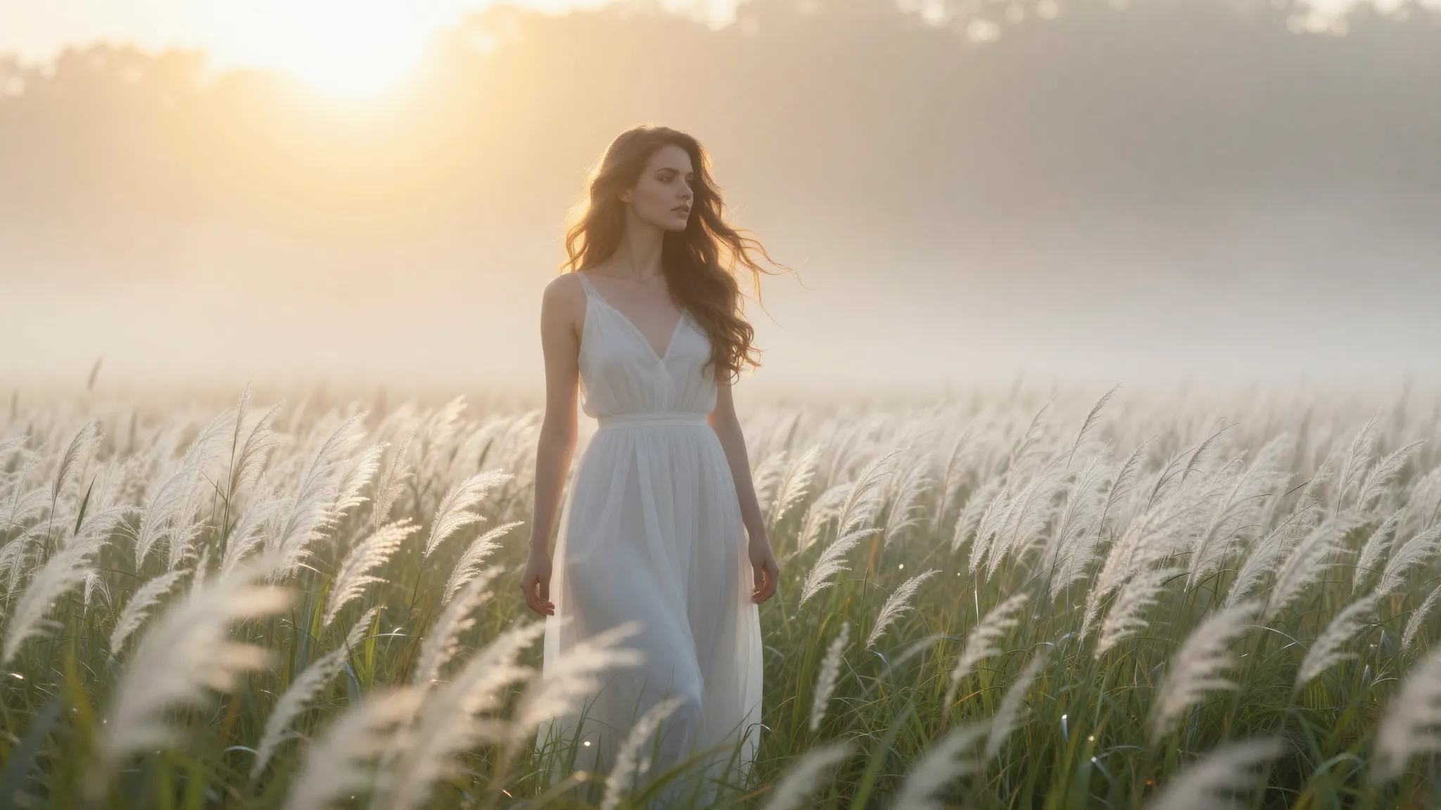A beautiful European woman with long flowing hair, standing ...