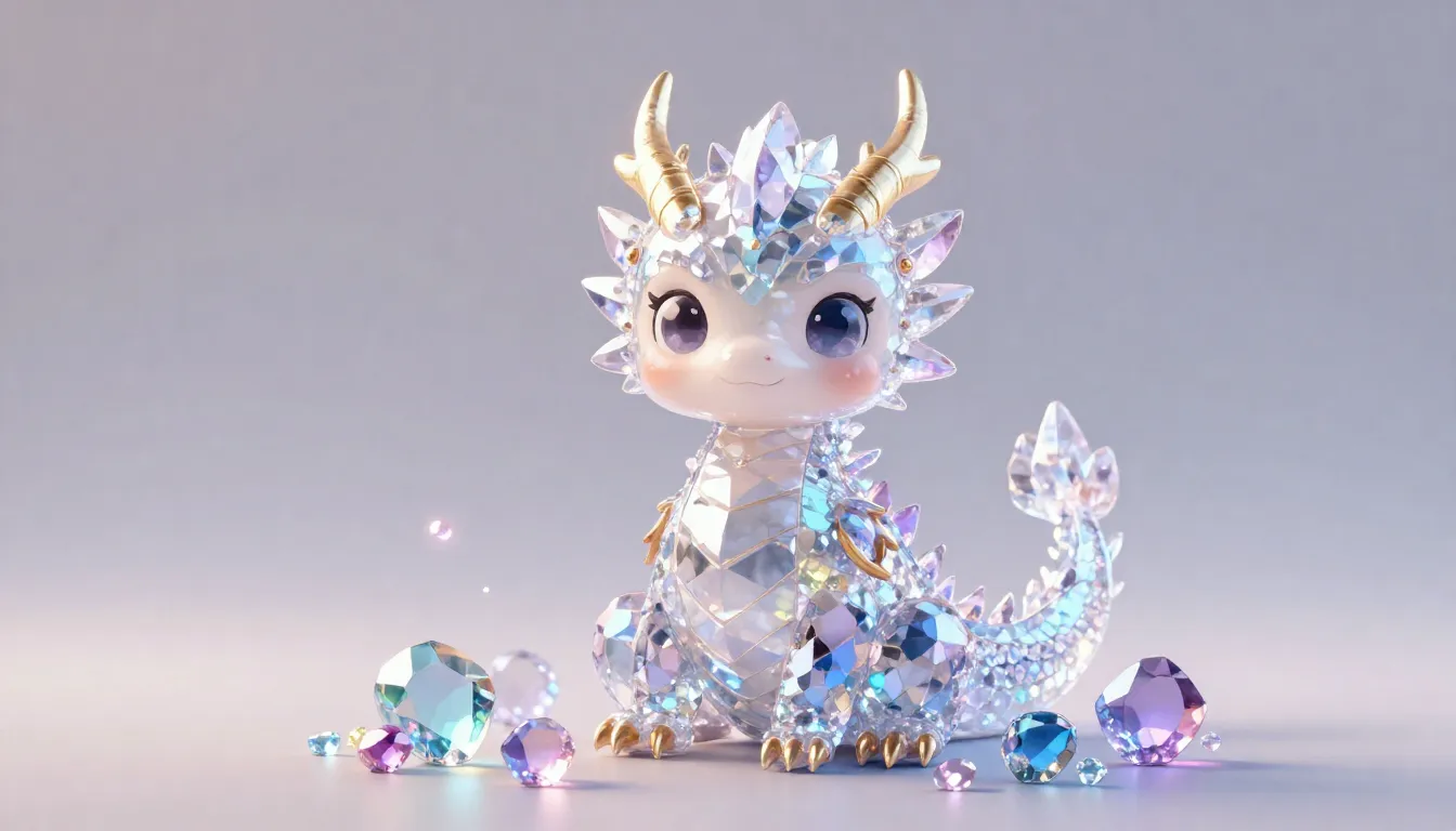 A cute 3D crystal dragon sitting on a pile of glowing gems, ...