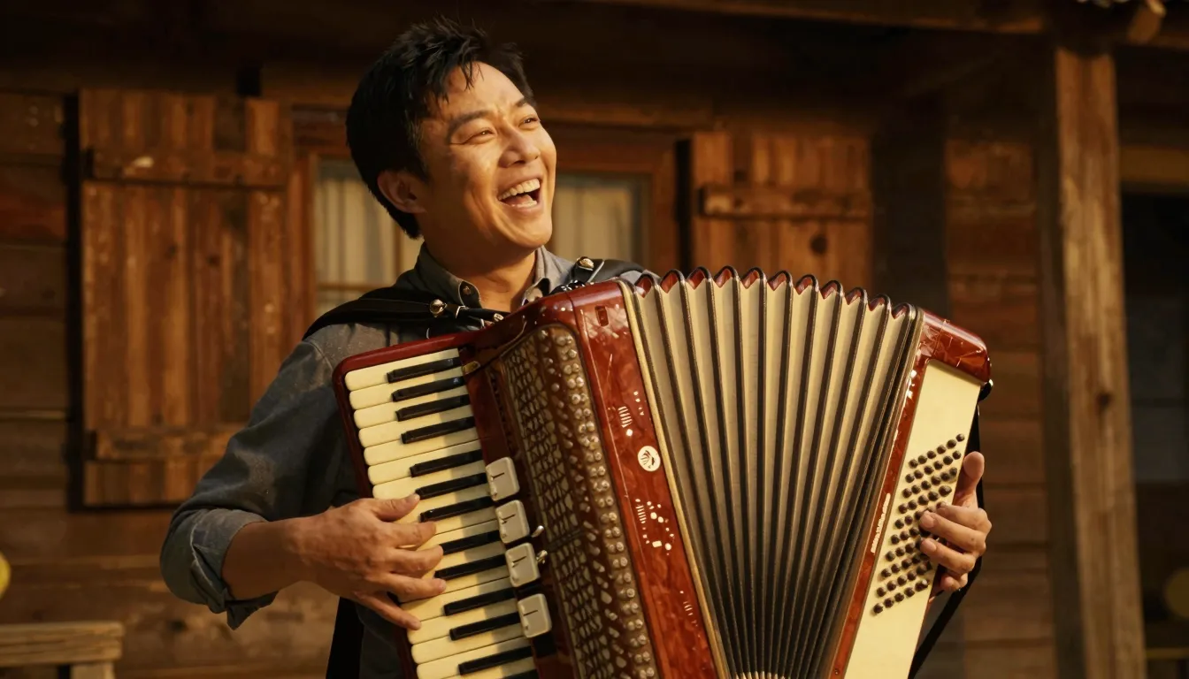 A man playing a traditional accordion with a joyful expressi...