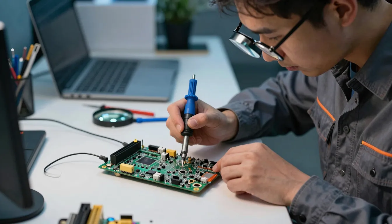 A professional technician repairing a motherboard with a mag...