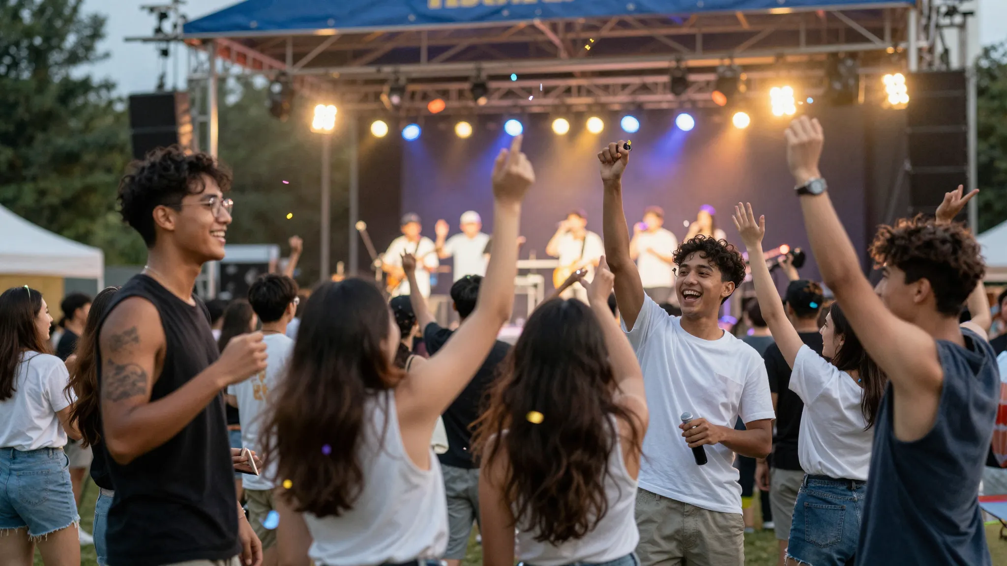 Happy teenagers at a summer camp party, outdoor stage with l...