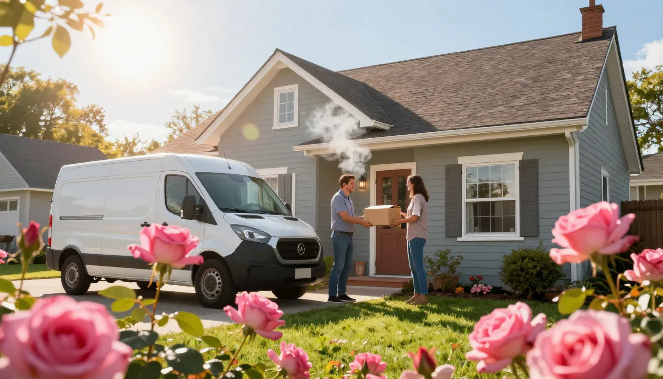 A vibrant cinematic scene of a cozy suburban house under a b...