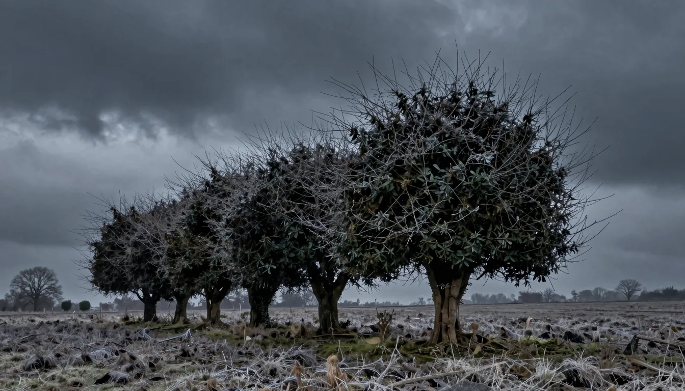 Landscape with yew trees under a heavy leaden sky, cold wind...