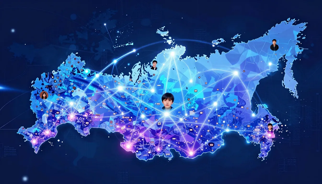A futuristic digital map of Russia with glowing connection l...