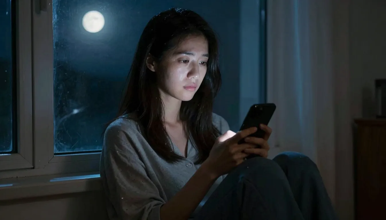 A lonely woman sitting by a window at night, holding a smart...
