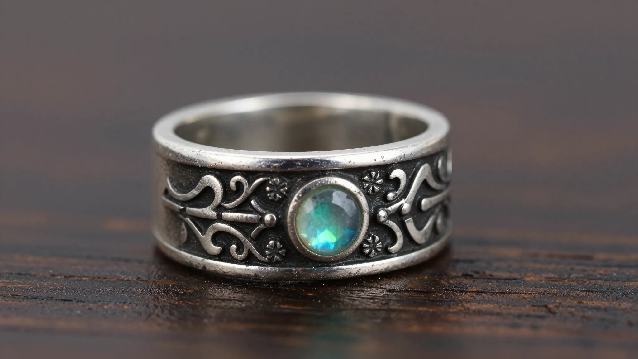A close-up of a traditional silver ring with intricate nomad...