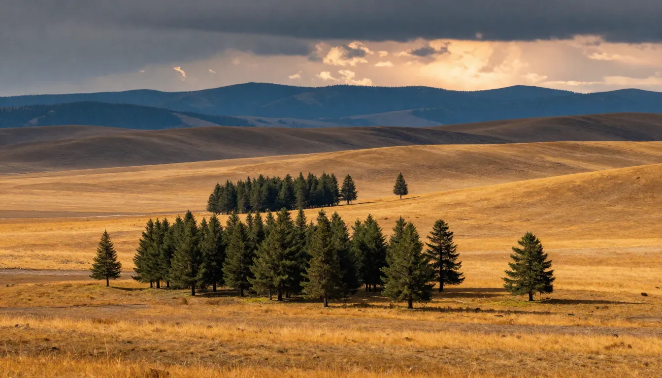 Taigosteppe landscape: a vast, rolling golden steppe with sc...
