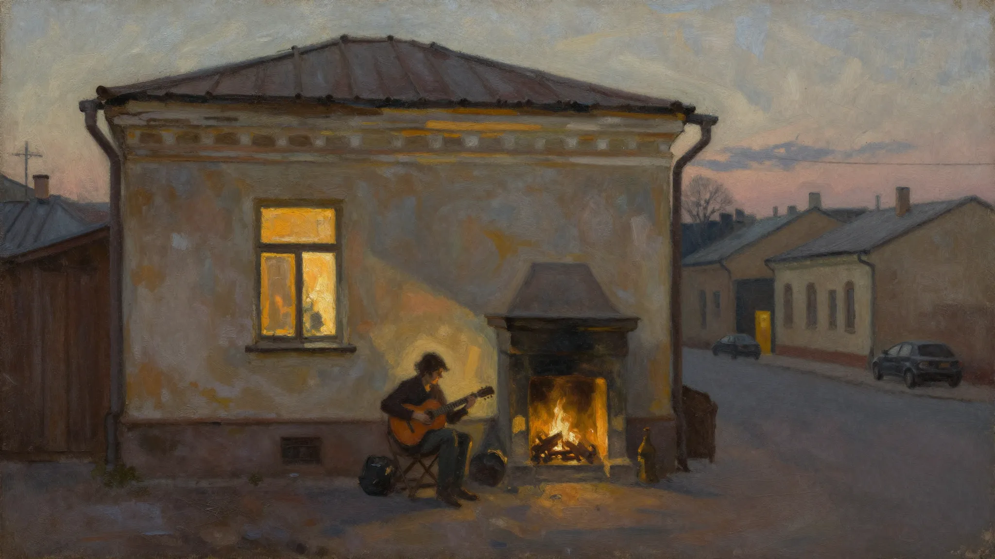 A nostalgic oil painting of a quiet old Moscow street at twi...