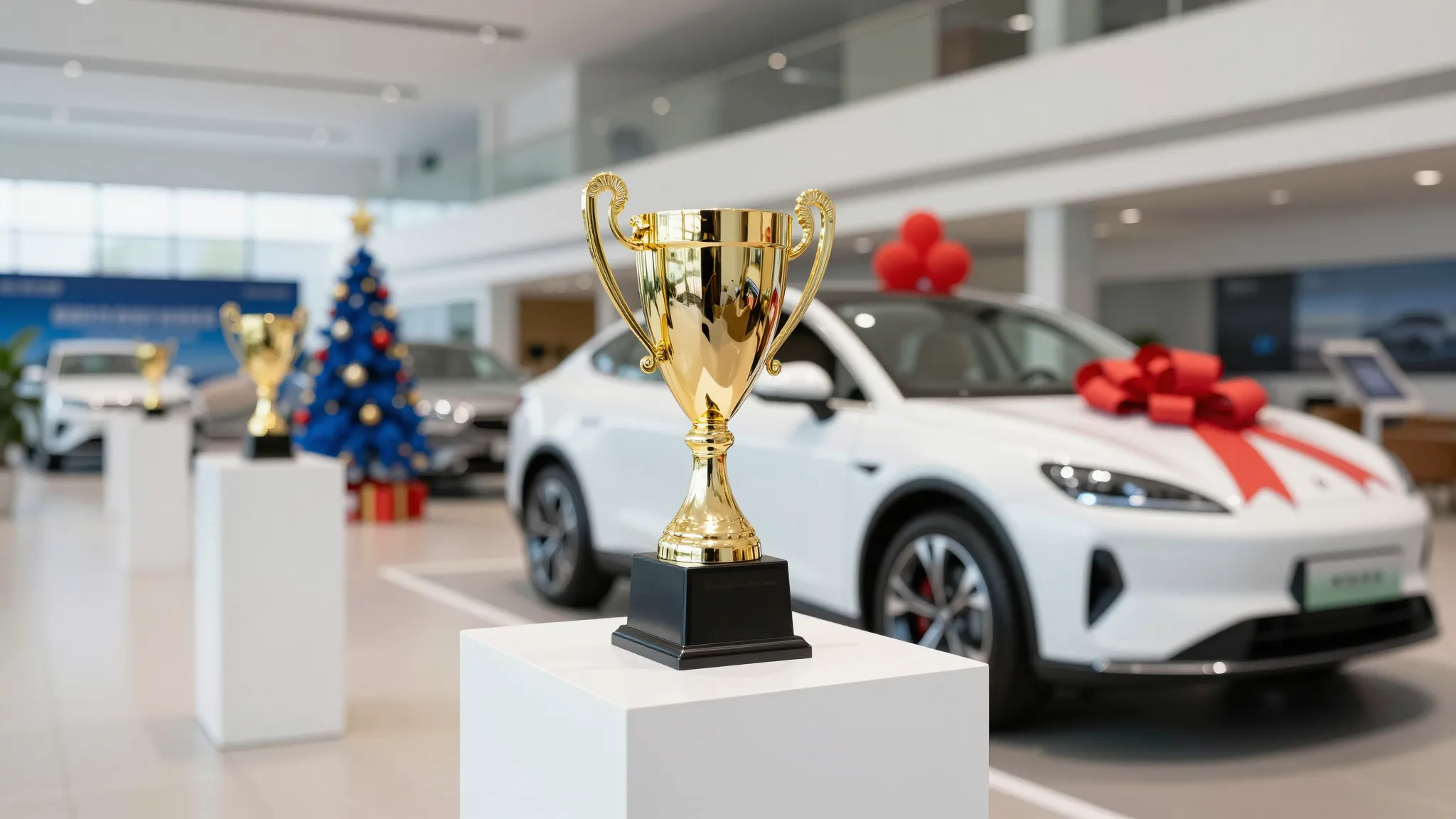 A modern car dealership interior with festive decorations in...