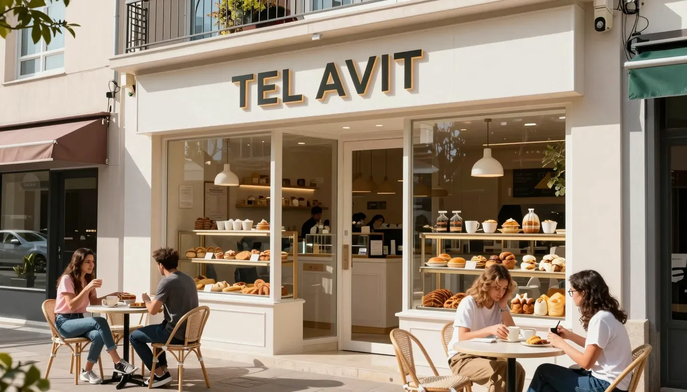 A trendy Tel Aviv bakery storefront, outdoor seating with pe...