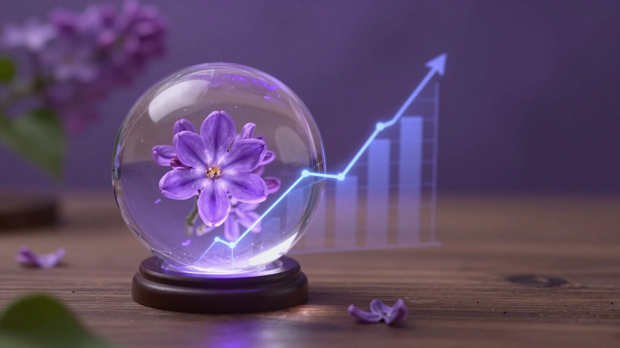 A magical crystal ball on a wooden table reflecting a glowin...
