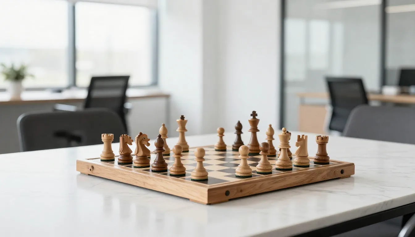 A minimalist wooden chess set on a white marble table in a b...
