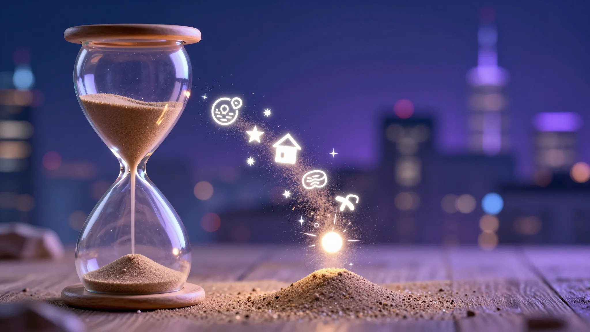 A magical hourglass where sand turns into glowing like icons...