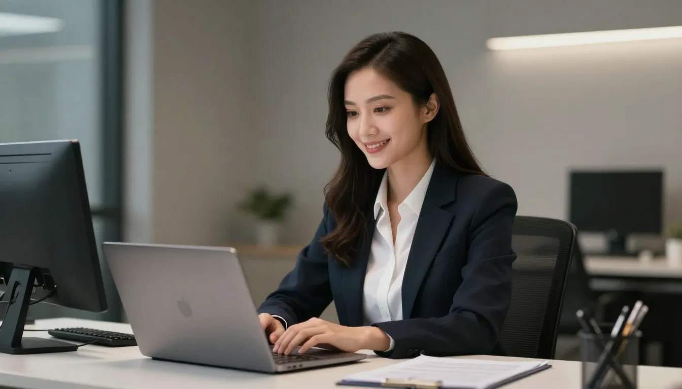 A friendly female AI assistant sitting at a modern desk with...