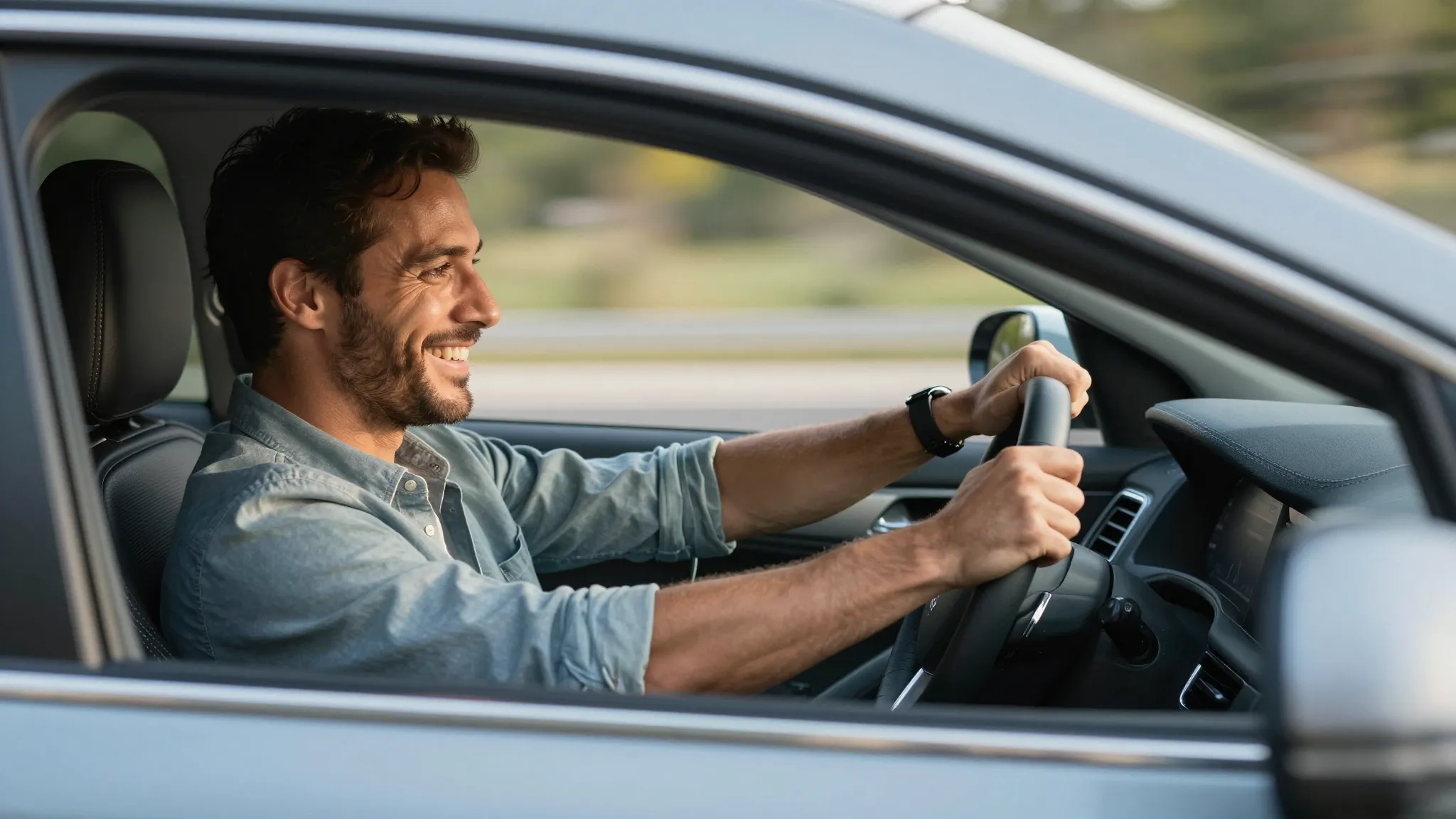 A cheerful man driving a modern car, smiling and looking con...