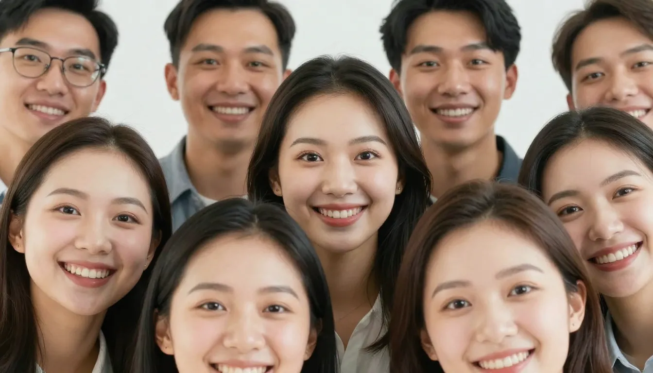 A group of happy people, looking directly at the camera, eye...