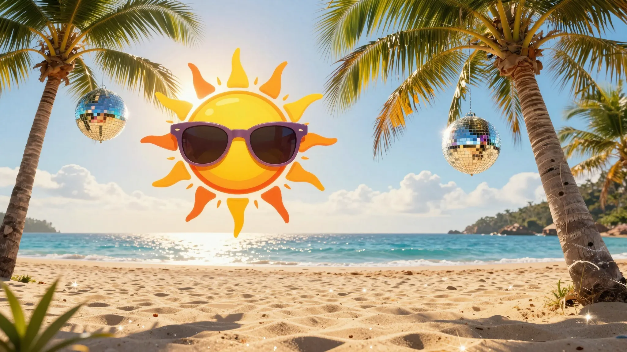 A bright summer morning scene, a stylized sun with sunglasse...
