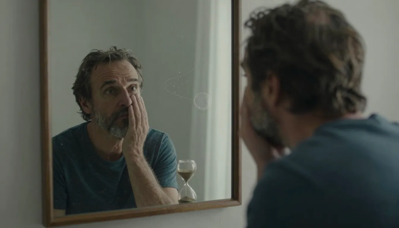 A reflective middle-aged person looking into a mirror, seein...